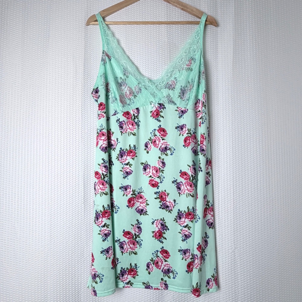 Avenue Body Chemise Women 22/24 Green Floral Lace Sleepwear Plus Size Romantic